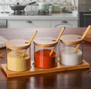 Set borcane din sticlă cu capac din bambus, 380 ml, 3 bucăți