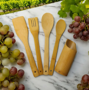 Set de ustensile de bucătărie din bambus, 5 piese